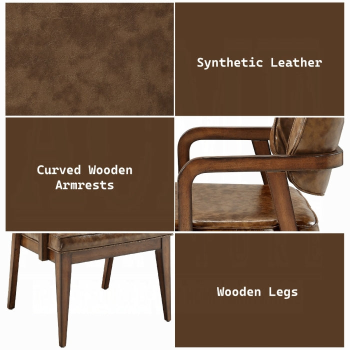 Collage of a brown chair with synthetic leather, curved wooden armrests, and wooden legs on a brown background.