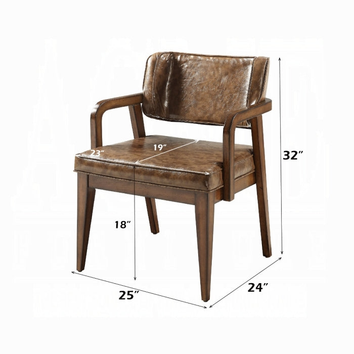 Brown leather chair with dimensions marked on a white background