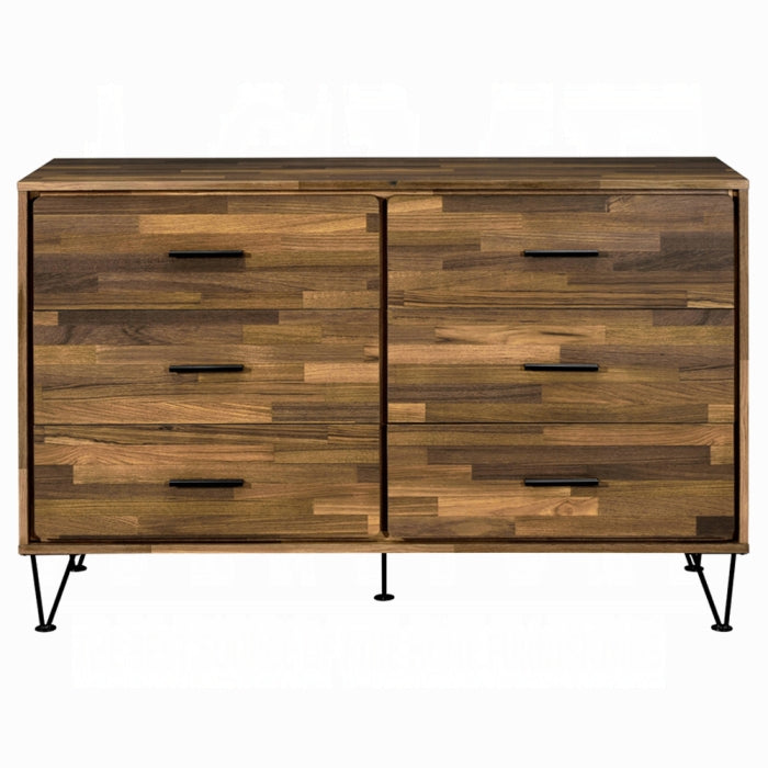 Wooden dresser with a patterned finish on a white background