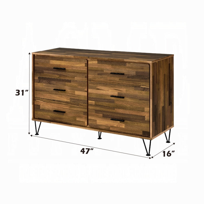 Wooden dresser with dimensions labeled on a white background