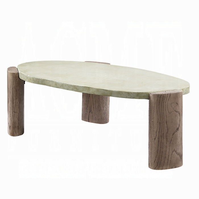 white background coffee table three legs cement appearance top with rock shape legs give a wooden earthy appearance 