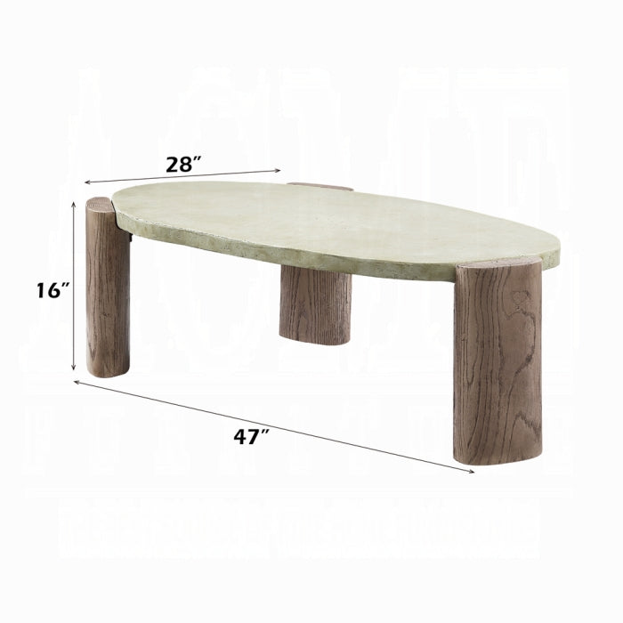 white background coffee table three legs cement appearance top with rock shape legs give a wooden earthy appearance measured 47 inches long 28 inch wide 16 inch tall 
