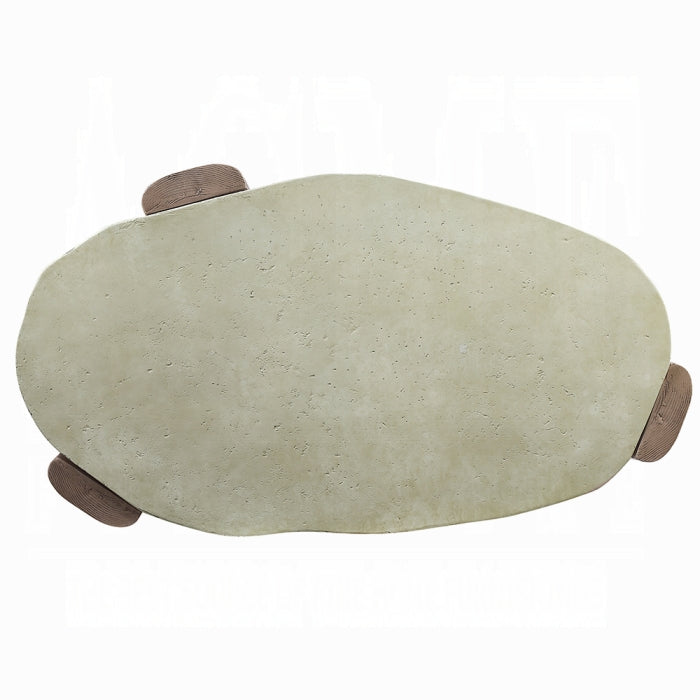 white background coffee table three legs cement appearance top with rock shape legs give a wooden earthy appearance 
