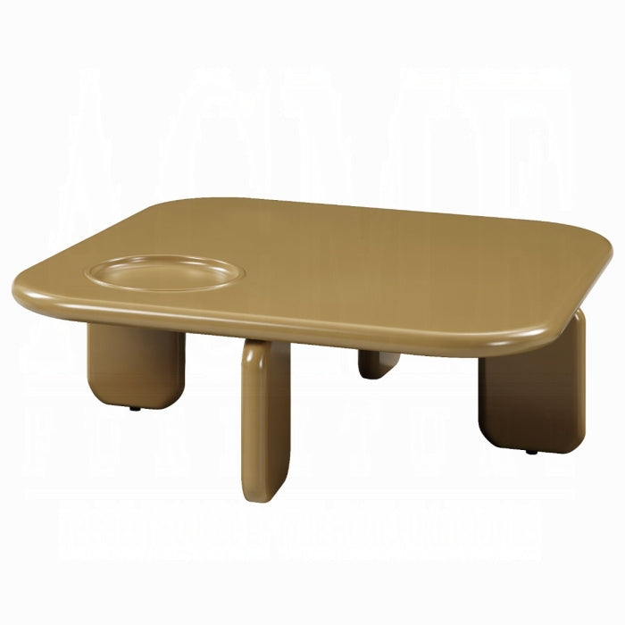 white background yellowish brown rounded edges and rounded legs every shape top and legs is almost a rectangle without the sharp edges 4 legs and the top of the table has a circle indent to place something in without it sliding away