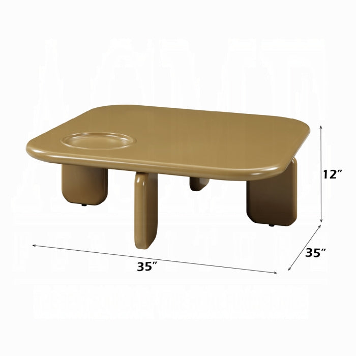 white background yellowish brown rounded edges and rounded legs every shape top and legs is almost a rectangle without the sharp edges 4 legs and the top of the table has a circle indent to place something in without it sliding away measured at 12 inch tall 35 inch wide and 35 inch long 