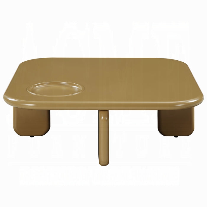 white background yellowish brown rounded edges and rounded legs every shape top and legs is almost a rectangle without the sharp edges 4 legs and the top of the table has a circle indent to place something in without it sliding away