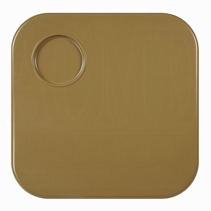 white background yellow ish brown color top of the coffee table rounded edges almost square like shape circle indent ontop 