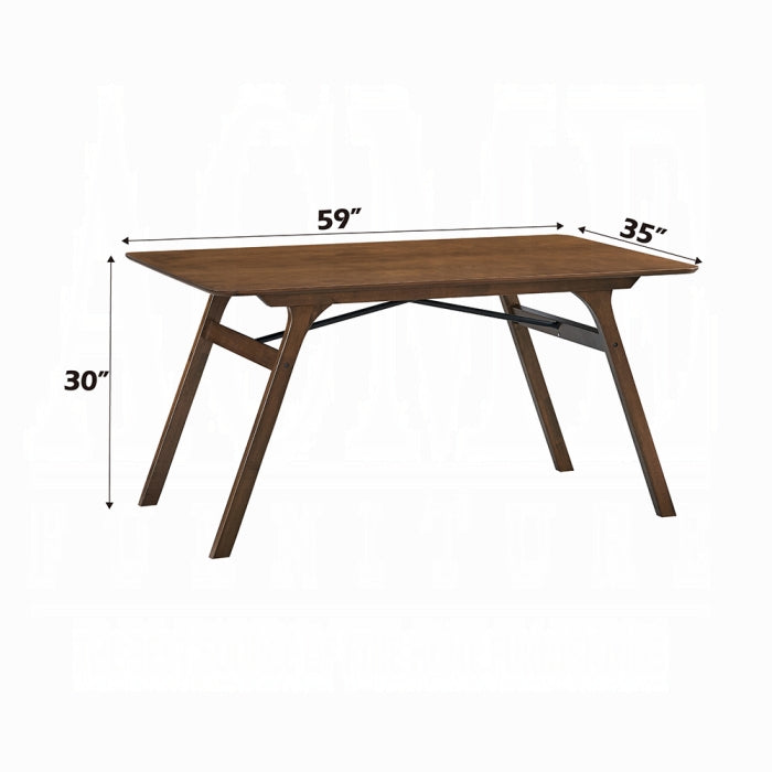 white background wood walnut look finish angled legs four of them straight rectangular top frame measured at 59 inch long 35 inch wide 30 inch tall 