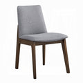 grey fabric dinning chair with no arms and wood leg base four legs white background