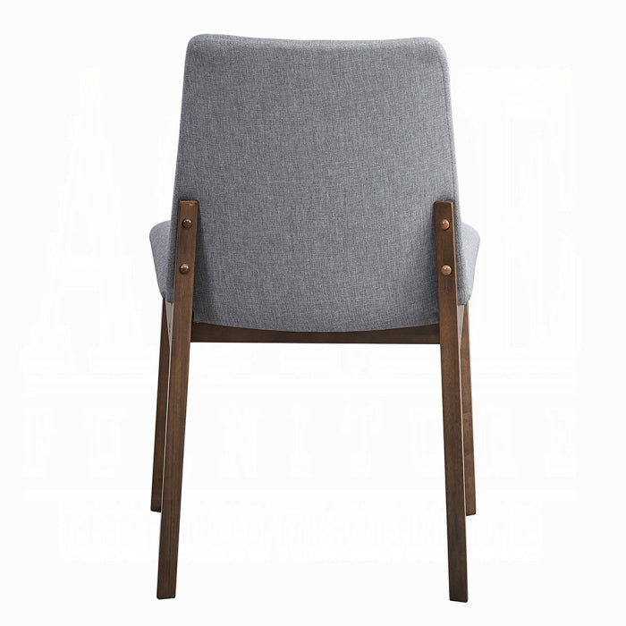 grey fabric dinning chair with no arms and wood leg base four legs white background