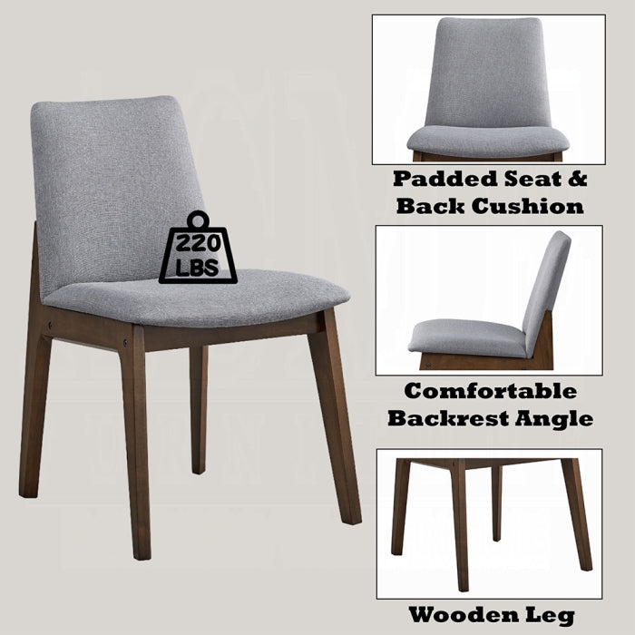 grey fabric dinning chair with no arms and wood leg base four legs wording on image states padded seat and back cushion comfortable backrest angle wooden leg 