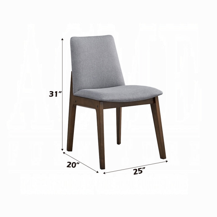 grey fabric dinning chair with no arms and wood leg base four legs measured 31 inch tall from floor to backrest 20 inch wide and 25 inch long 