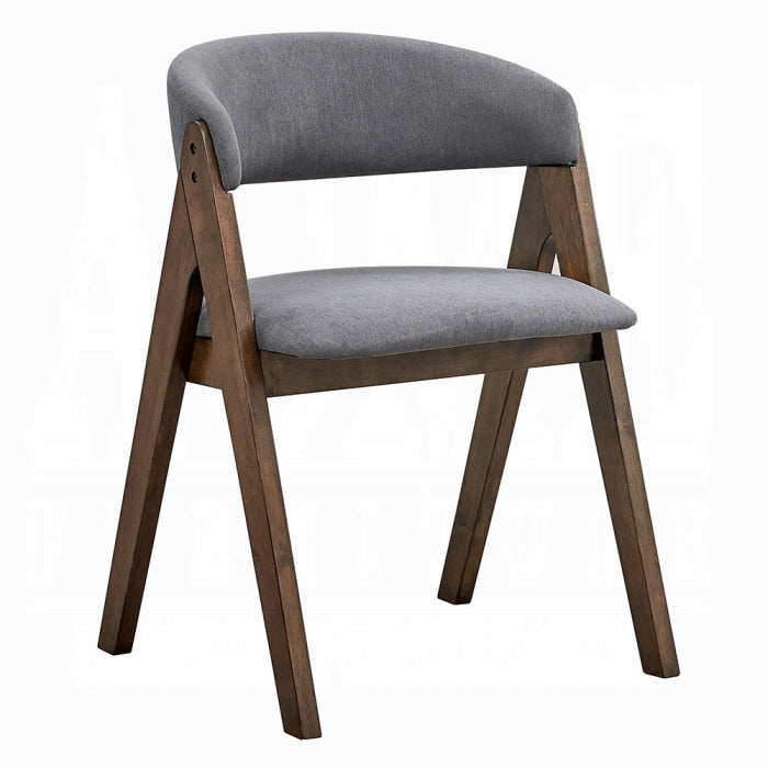white background chair with grey fabric padding and matching grey fabric padding as a backrest that is slightly curved leaving an open middle portion frame is wooden medium brown with a triangle shape 
