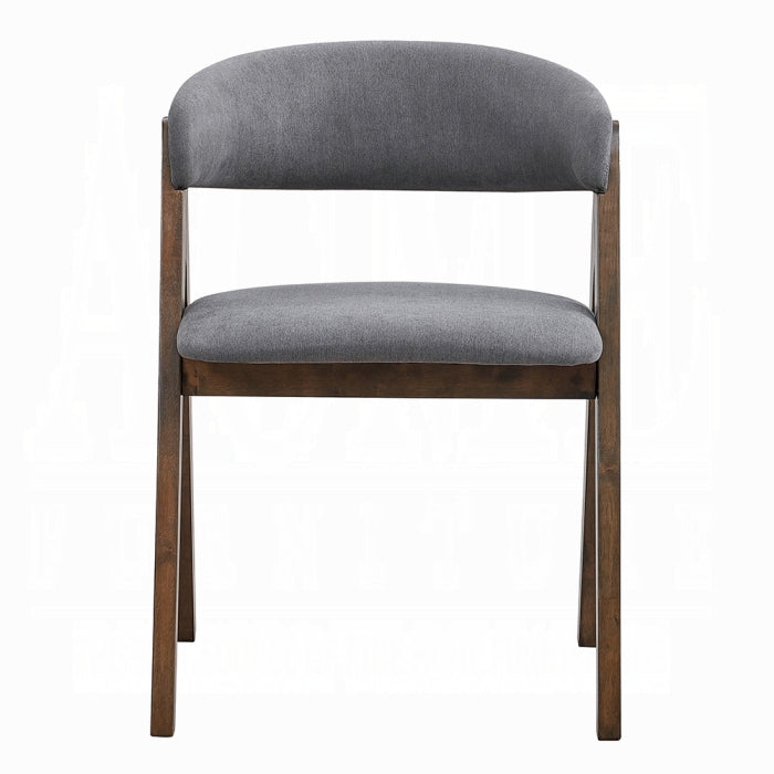 white background chair with grey fabric padding and matching grey fabric padding as a backrest that is slightly curved leaving an open middle portion frame is wooden medium brown with a triangle shape 
