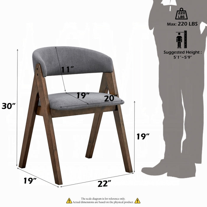 white background chair with grey fabric padding and matching grey fabric padding as a backrest that is slightly curved leaving an open middle portion frame is wooden medium brown with a triangle shape measures show 30 inch tall 19 inch wide 22 inch long from knee to foot 19 inch tall seat about 19 inch by 20 inch and from seat to back rest height looking at 11 inch tall 