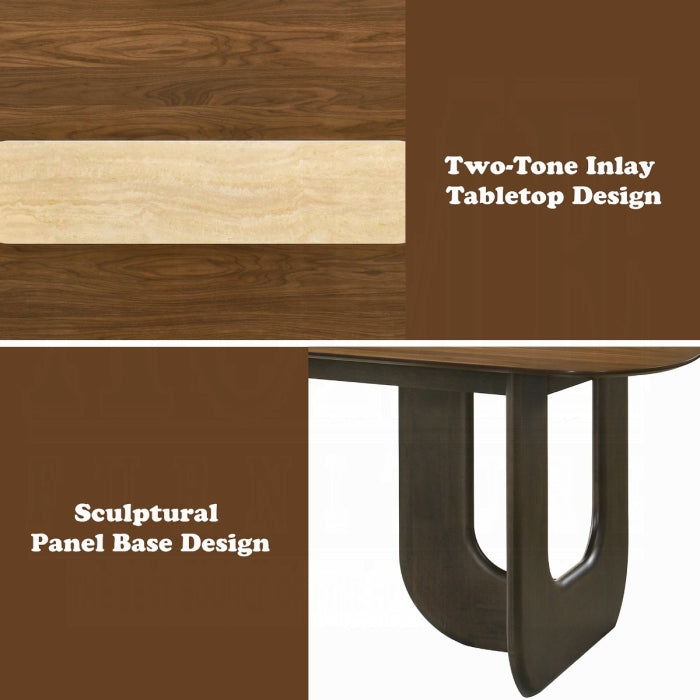 Two-tone inlay tabletop design with a sculptural panel base on a white background