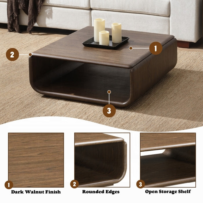 Brown coffee table with storage shelves in a living room setting, featuring close-up details of design elements.