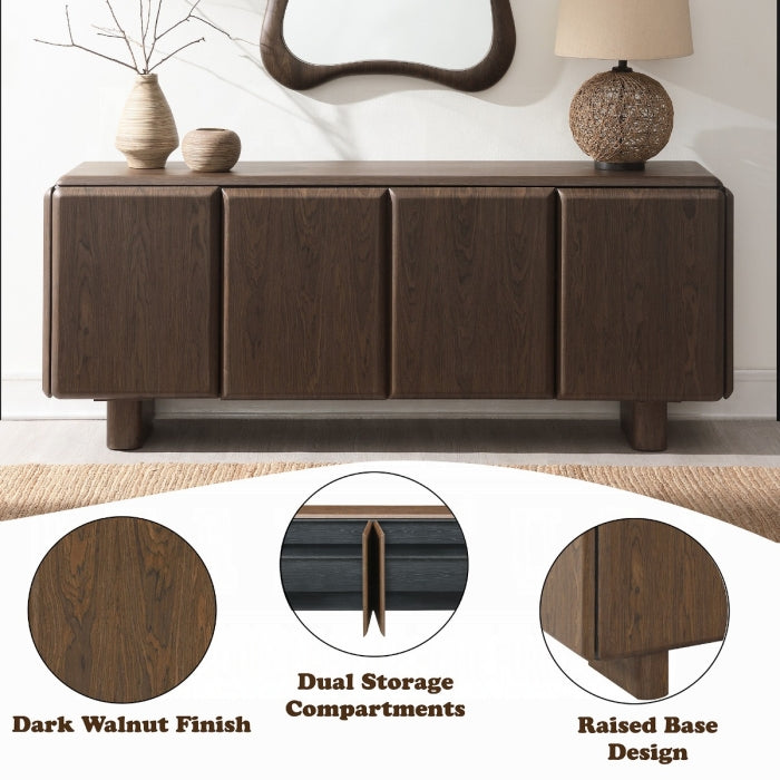 Wooden console table with dark walnut finish, dual storage compartments, and raised base design.