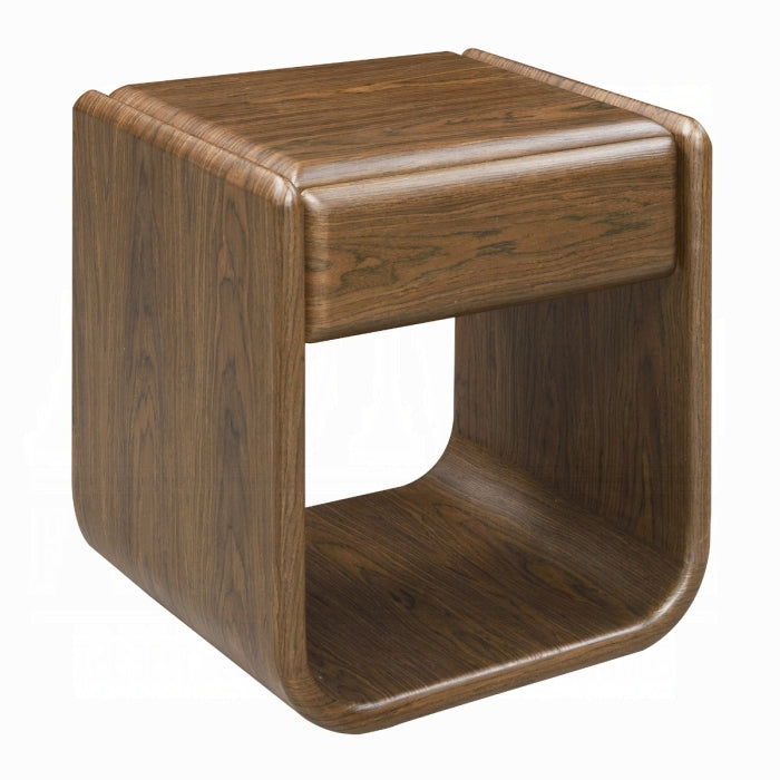 Wooden side table with a square top and curved base on a white background