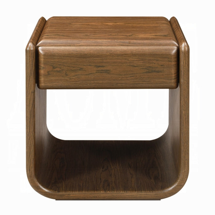 Wooden stool with a square seat and rectangular back on a white background