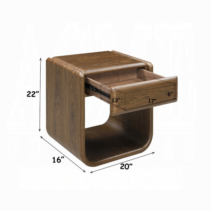 Wooden side table with a drawer and dimensions labeled on a white background