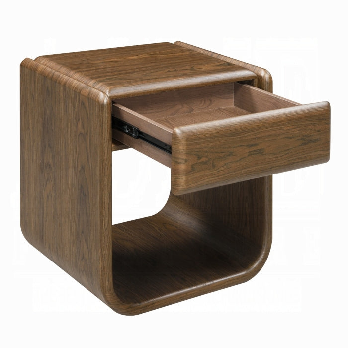 Wooden side table with a drawer on a white background
