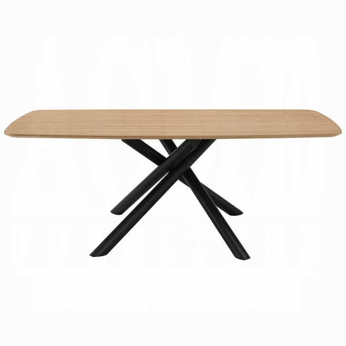 white background light wood color appearance table top rectantgular shape with black criss crossed legs 4 going in different directions 