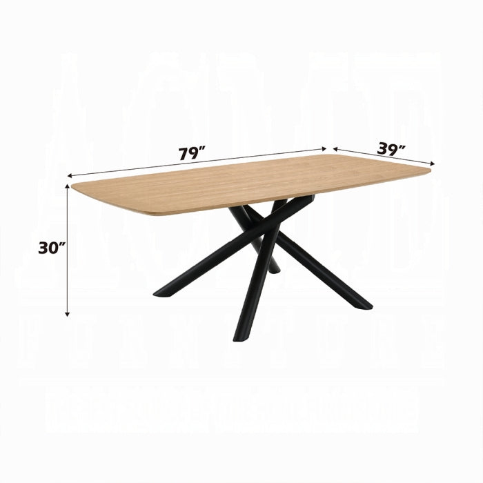 white background light wood color appearance table top rectantgular shape with black criss crossed legs 4 going in different directions with measurements showing 79 inches long 39 inches wide and 30 inch tall 