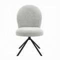 light grey boucle material chair with no arms only a back with 4 black feet supporting the padded seating area on a white background 