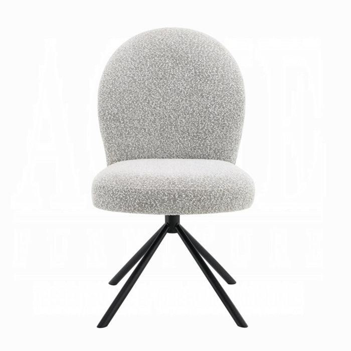 light grey boucle material chair with no arms only a back with 4 black feet supporting the padded seating area on a white background 