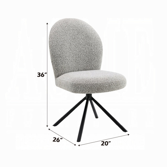 boucle chair grey with no arms and 4 black feet swivel showing measurements on a white background 36 inch tall 26 inch wide 20 inch long 