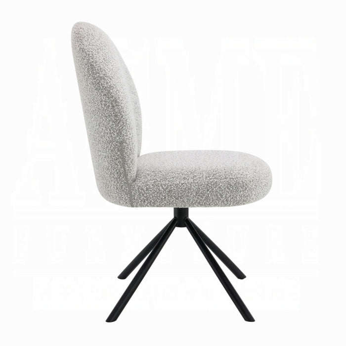 light grey boucle material chair with no arms only a back with 4 black feet supporting the padded seating area on a white background 
