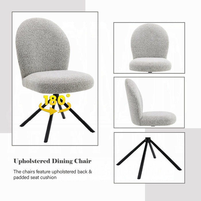 grey boucle chair with no arms and black feet frame showing 180 degree swivel rotation 