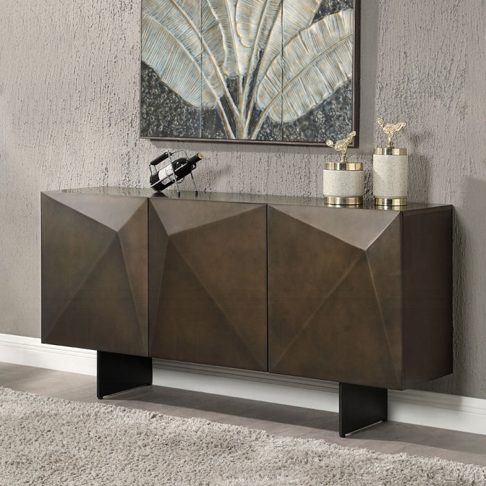Modern dark brown sideboard with geometric design against a textured wall with abstract art.