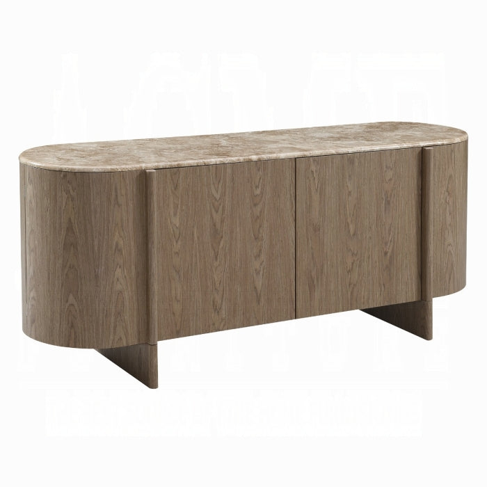 Wooden console table with a marble top look alike on a white background
