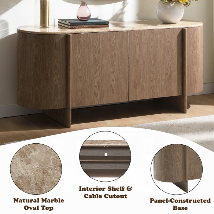 Wooden sideboard with natural marble oval top look alike, interior shelf cutout, and panel-constructed base.