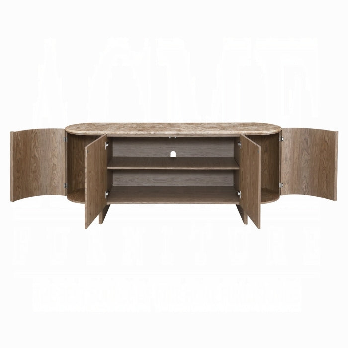 Wooden entertainment console with open doors on a white background
