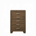white background 5 drawer chest wood facing metal handle bars on each drawer 