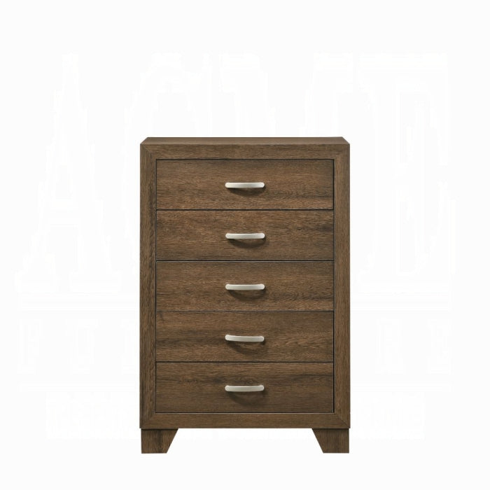 white background 5 drawer chest wood facing metal handle bars on each drawer 
