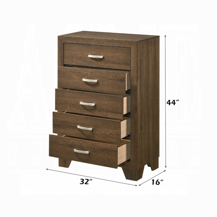 white background miquell chest 5 drawers showing measurements for 32 inch long 16 inch wide and 44 inch tall 