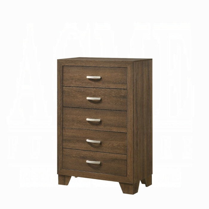 white backround side profile tilted of the miquell drawers medium wood veener color 5 drawers all closed with 5 metal handles 