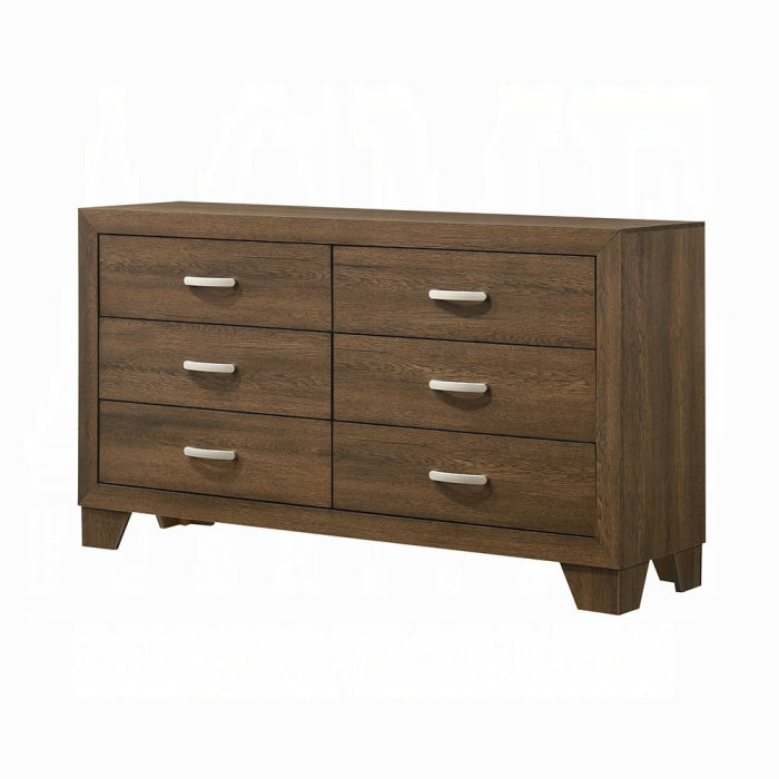 white background 6 drawer dresser wood look medium brown chunky feet 