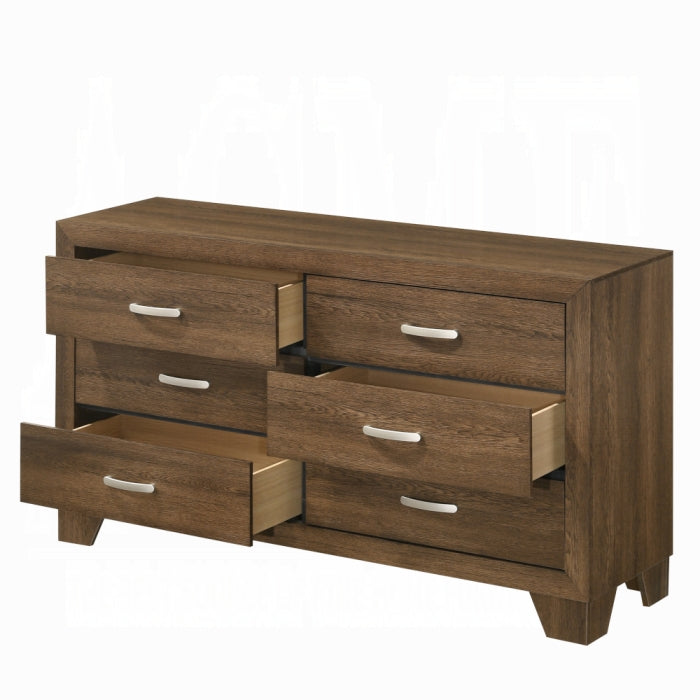 white background wood veener dresser 6 drawers three of them are open showing an example on how they pull to open 