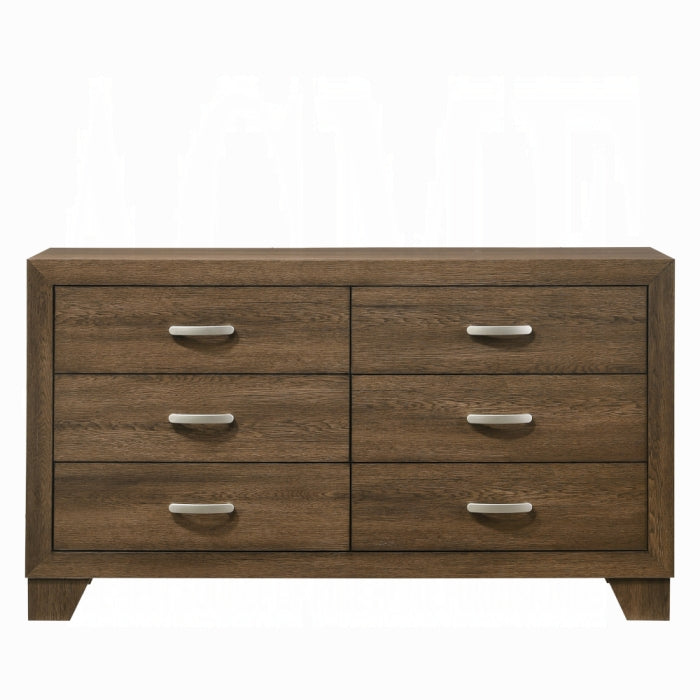 white background wood look dresser siz drawers 6 handles front facing