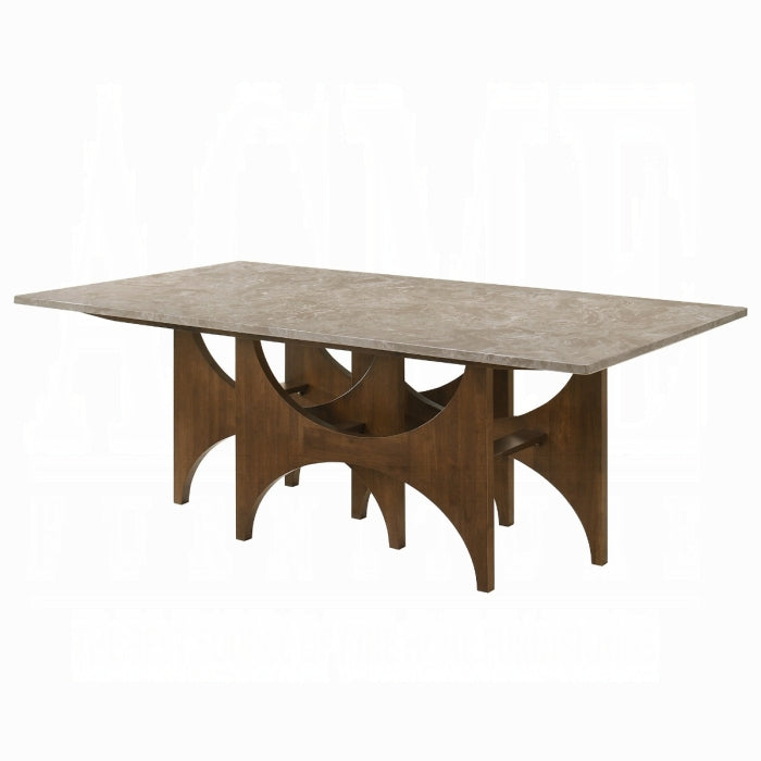 Dining table with wooden base and marble-like top on a white background