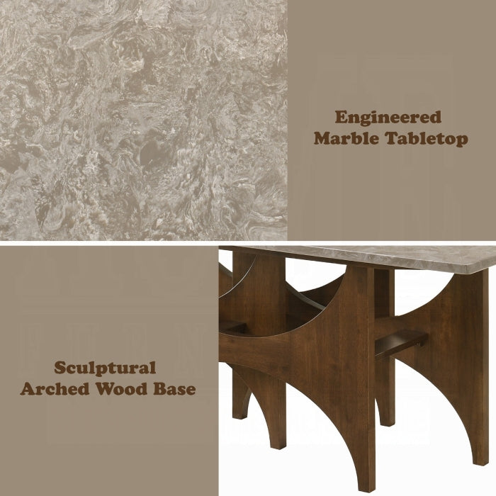 Engineered marble tabletop with wooden base on a beige background