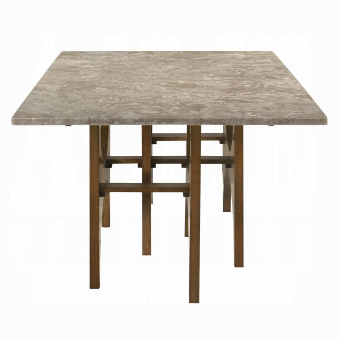 Square dining table with a textured surface and wooden legs on a white background