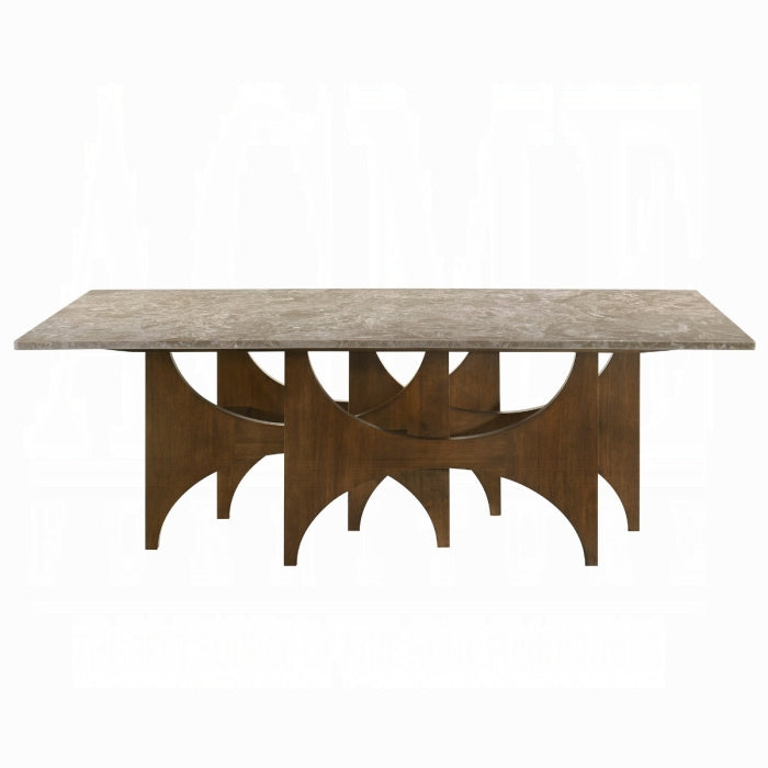 Dining table with marble like top and wooden base on a white background