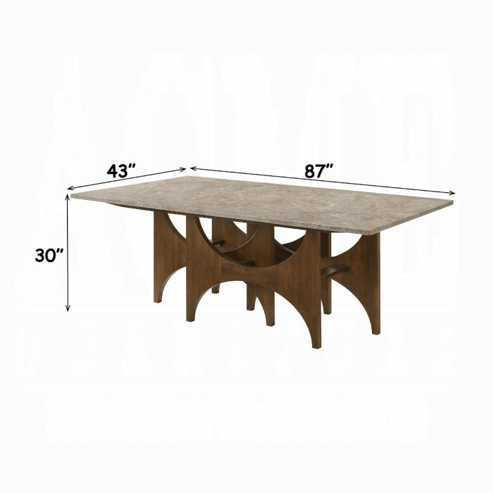 white background wooden leg base with artistic design marble like top with measured numbers 87 x 43x 30