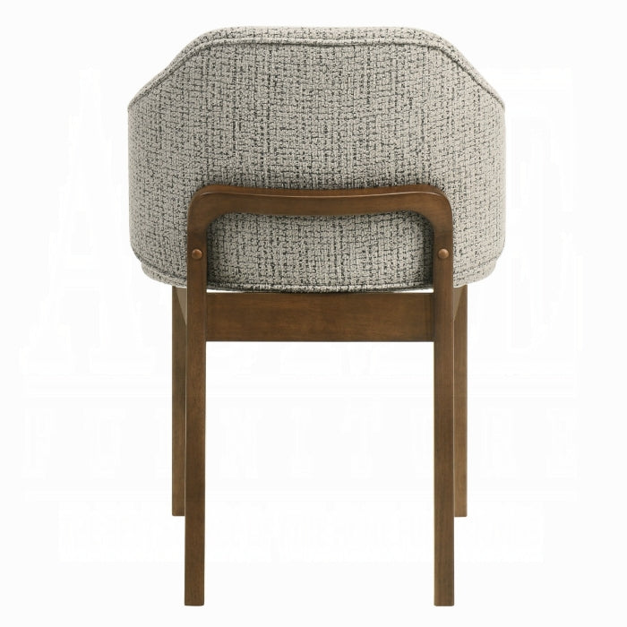 Chair with textured gray backrest and wooden frame on a white background